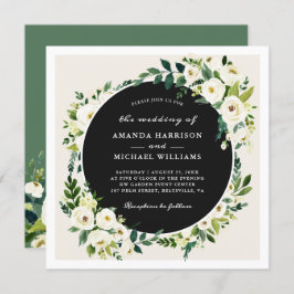 アイボリー ホワイト グリーン 花柄 スクエア 結婚式 招待状