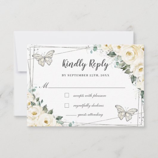 アイボリー ホワイト フラワーのシルバー キンセアニエラ バタフライ 出欠カード (正面)