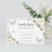 アイボリー ホワイト フラワーのシルバー キンセアニエラ バタフライ 出欠カード (スタンド正面)