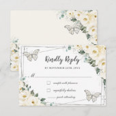 アイボリー ホワイト フラワーのシルバー キンセアニエラ バタフライ 出欠カード (正面/裏面)