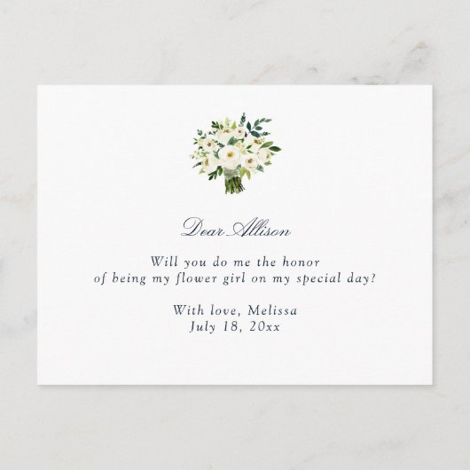アイボリー ホワイト フラワーの花嫁の花の少女へのカードになります インビテーションポストカード (裏面)
