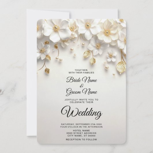 アイボリー ホワイト フラワー ゴールド リーフ ウェディング 招待状 (正面)