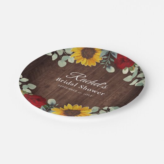 アイボリー ユーカリ 赤いバラ ヒマワリ 木製 ブライズシャワー ペーパープレート (アングル)