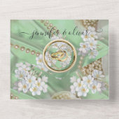 アイボリー – 緑 – 金ゴールド真珠すべて1つの結婚式の招待 オールインワン招待状 (裏面)