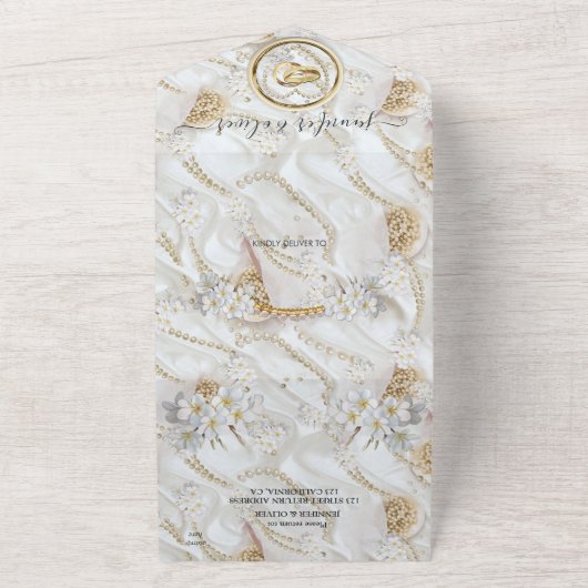 アイボリー – 緑 – 金ゴールド真珠すべて1つの結婚式の招待 オールインワン招待状 (外側)