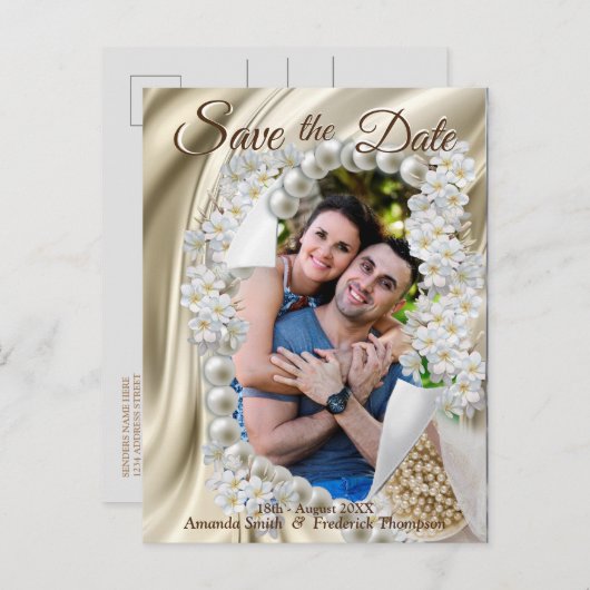 アイボリー、緑、青いシルクと真珠の日付を保存 案内ポストカード (正面/裏面)