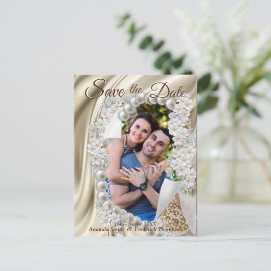 アイボリー、緑、青いシルクと真珠の日付を保存 案内ポストカード (スタンド正面)