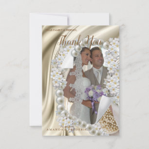 アイボリー、緑、青、金ゴールドシルク結婚のサンキューカード 出欠カード