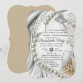 アイボリー，緑，青，金ゴールドシルク&パールズブライダルシャワー 招待状 (正面/裏面)