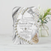 アイボリー，緑，青，金ゴールドシルク&パールズブライダルシャワー 招待状 (スタンド正面)