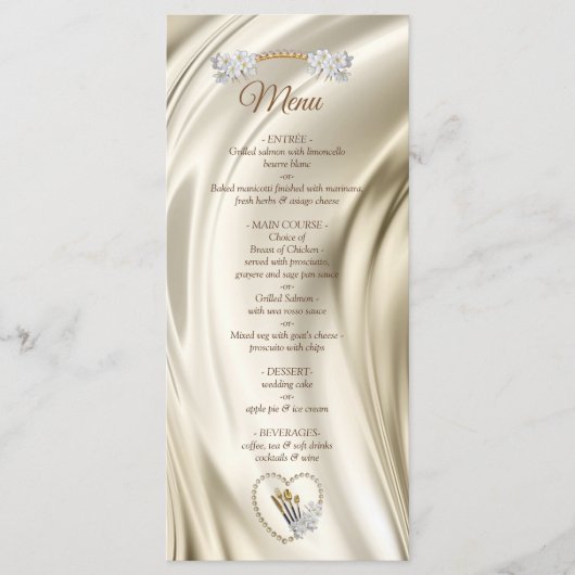 アイボリー、緑、青、金ゴールドシルク&パールメニュー メニュー (正面)