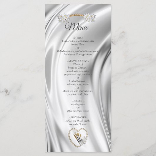 アイボリー、緑、青、金ゴールドシルク&パールメニュー メニュー (正面)