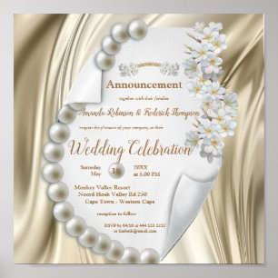 アイボリー、緑、青、金ゴールドシルク&パール結婚ズ ポスター