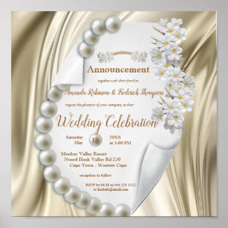 アイボリー、緑、青、金ゴールドシルク&パール結婚ズ ポスター