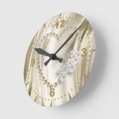 アイボリー，緑，青，金ゴールドシルク&真珠 ラウンド壁時計 (傾斜)