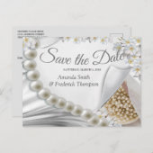 アイボリー,緑,青,金ゴールド,絹と真珠,日付を保存 案内ポストカード (正面/裏面)