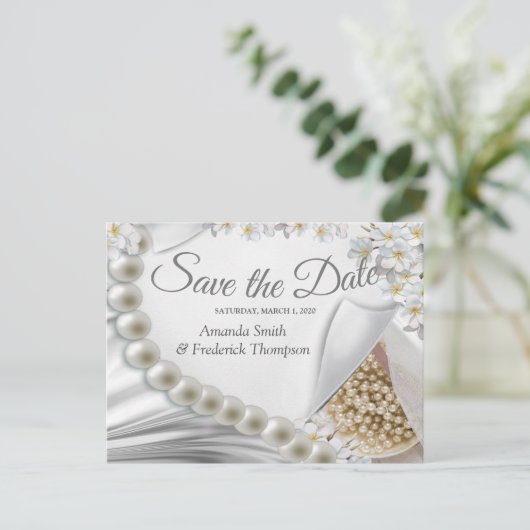 アイボリー，緑，青，金ゴールド，絹と真珠，日付を保存 案内ポストカード (スタンド正面)