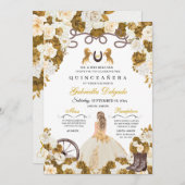 アイボリー&金ゴールドウエスタンチャロ女性のカーボーイキンセアニェラ 招待状 (正面/裏面)