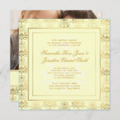 アイボリー&金ゴールドダマスクフォト結婚式招待状 招待状 (正面/裏面)