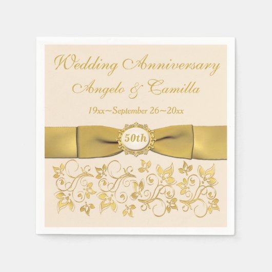 アイボリー、金ゴールドフローラゴールデンアニバーサリーナプキンス2 スタンダードカクテルナプキン (正面)