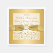 アイボリー、金ゴールドフローラゴールデンアニバーサリーナプキンス スタンダードカクテルナプキン (正面)