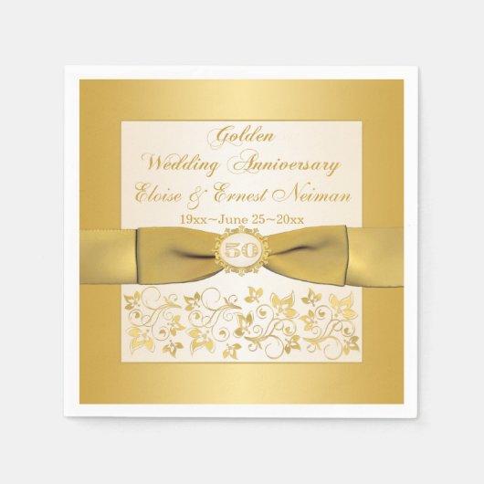 アイボリー、金ゴールドフローラゴールデンアニバーサリーナプキンス スタンダードカクテルナプキン (正面)