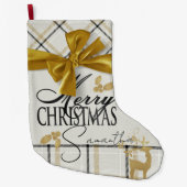 アイボリー&金ゴールドプレイドトナカイ&ネームメリークリスマス ラージクリスマスストッキング (正面)