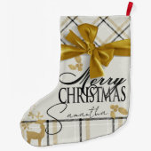 アイボリー&金ゴールドプレイドトナカイ&ネームメリークリスマス ラージクリスマスストッキング (裏面)