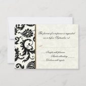 アイボリー、金ゴールド、およびブラックダマスク返信カード 出欠カード (正面)