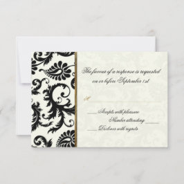 アイボリー、金ゴールド、およびブラックダマスク返信カード 出欠カード