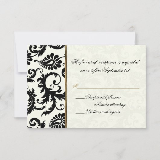 アイボリー、金ゴールド、およびブラックダマスク返信カード 出欠カード (正面)