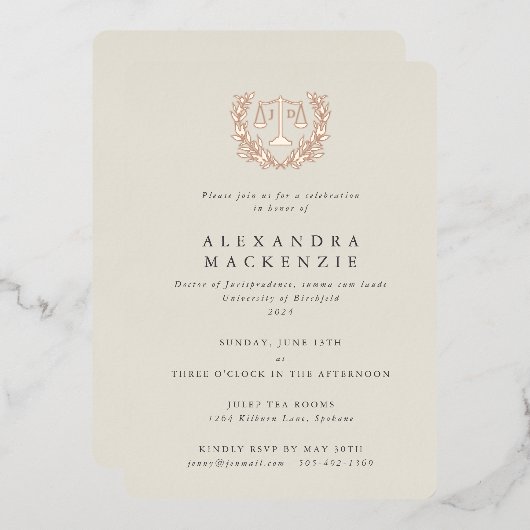 アイボリーJD法はかりで測+ローレルリース卒業パーティー 箔招待状 (正面/裏面)