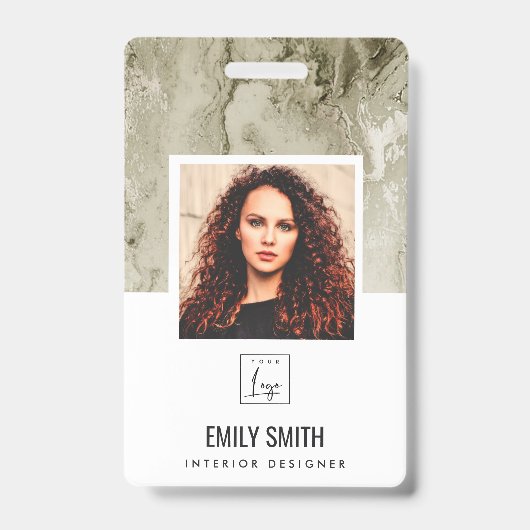 アイボリーOFF WHITE GREEN社員写真バーコード名 バッジ (正面)