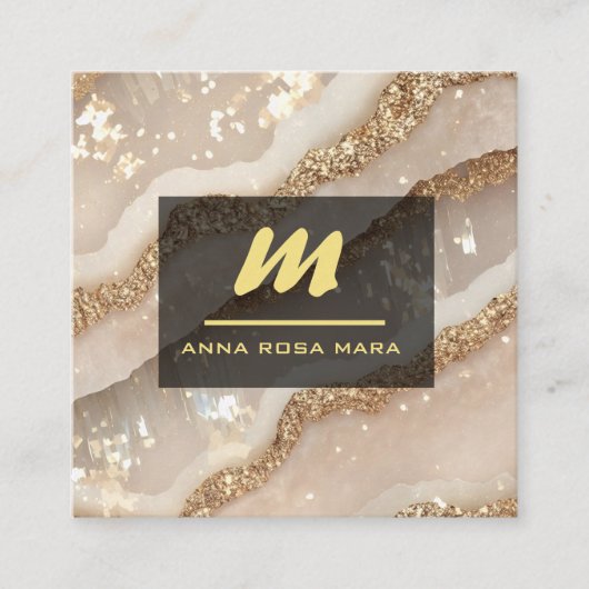 *~*アイボリーQR瑪瑙ブラック金ゴールドグリッターイニシャルAP66 スクエア名刺 (正面)