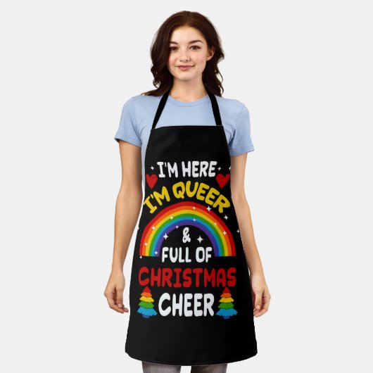アイムヒアアイム同性愛者クリスマスLGBTQゲイプライドレインボー エプロン (着用した状態)