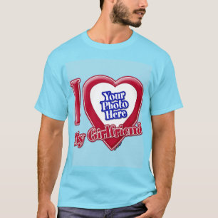 アイラブマイガールフレンドフォト赤いハートライトブルーホ Tシャツ