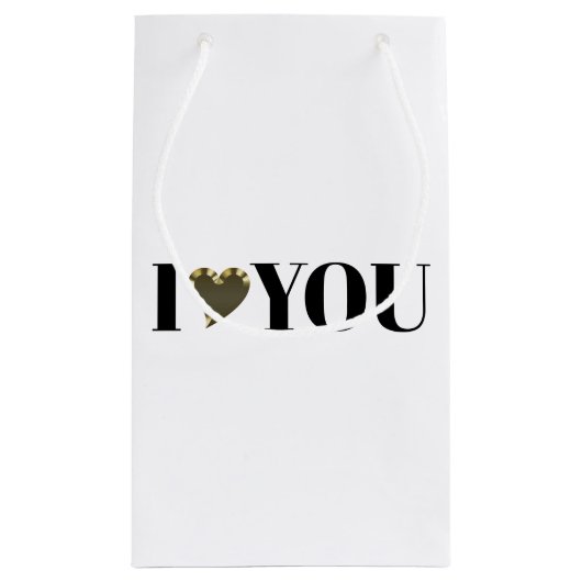 アイラブユーホワイト金ゴールドハートモダンタイポグラフィ スモールペーパーバッグ (裏面)
