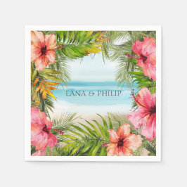 アイランドパラダイス |熱帯ビーチの花と手のひら スタンダードカクテルナプキン