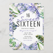 アイランドパープル薄紫トロピカルパーム葉ズスウィート16 招待状 (正面/裏面)