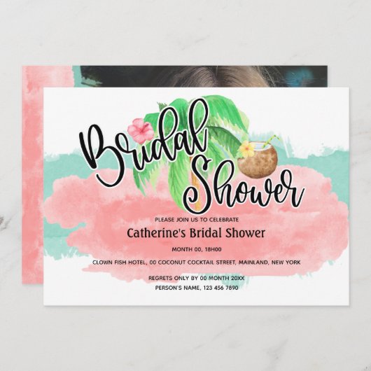 アイランドパームピンクのミントココナッツフラワーモダンブライダル 招待状 (正面/裏面)