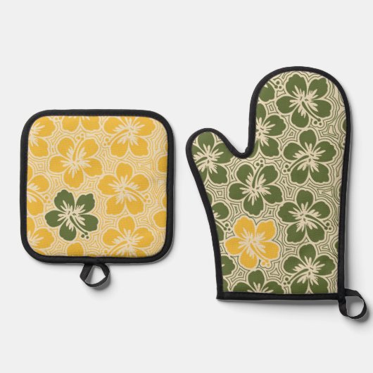 アイランドフローラハワイアンハイビスカスピンスプリップドオリーブ 鍋つかみ&鍋敷きセット (正面)