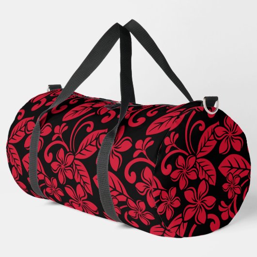 アイランドプルメリアのパターン（黒/赤） ダッフルバッグ (左コーナー)