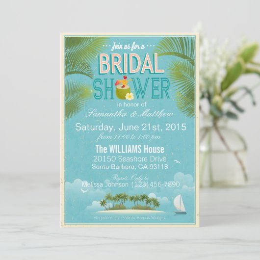 アイランドリゾートのビーチの行先のブライダルシャワー 招待状 (スタンド正面)