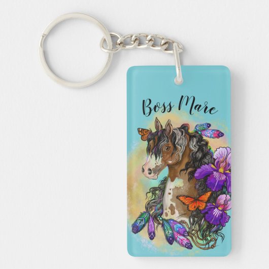 アイリスおよび蝶を持つペンキの馬のムスタング キーホルダー (正面)