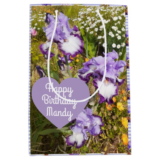 アイリスアイリスパープルフラワー誕生日ガールズネーム ミディアムペーパーバッグ (正面)