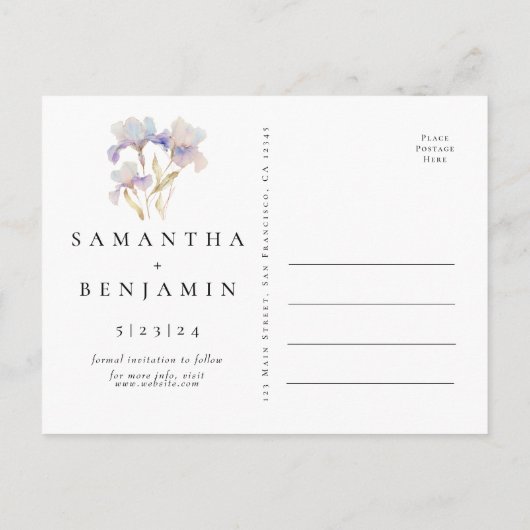 アイリスエレガントトフローラ結婚式の日付の保存 ポストカード (裏面)