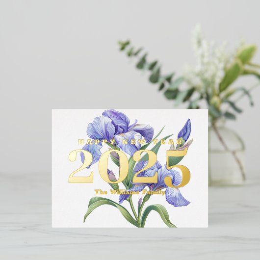 アイリスエレガントフラワーハッピーニューイヤー2025金ゴールド 箔シーズンポストカード (立ち正面)