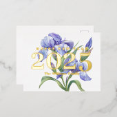 アイリスエレガントフラワーハッピーニューイヤー2025金ゴールド 箔シーズンポストカード (正面/裏面)