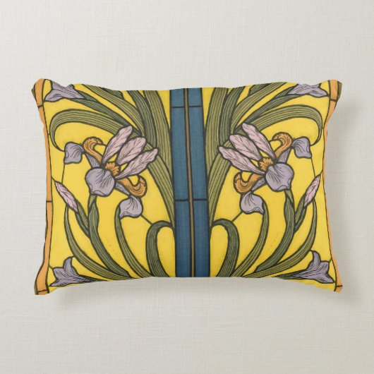 アイリスフラワーアールヌーボーステンドグラスブルー金ゴールド アクセントクッション (正面)