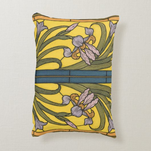 アイリスフラワーアールヌーボーステンドグラスブルー金ゴールド アクセントクッション (裏面(縦))